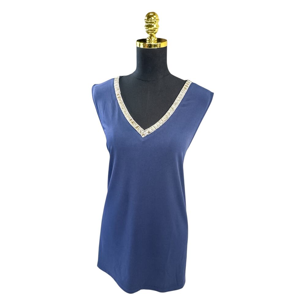 JM Collection Beaded V-Neck Sleeveless Blouse Navy Blue Women’s XXL
